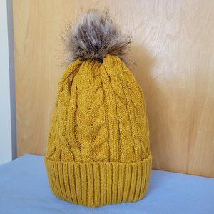 NEW Butterscotch Yellow Crochet Cable Knit Cuffed Beanie with Fur Pom Pom WARM